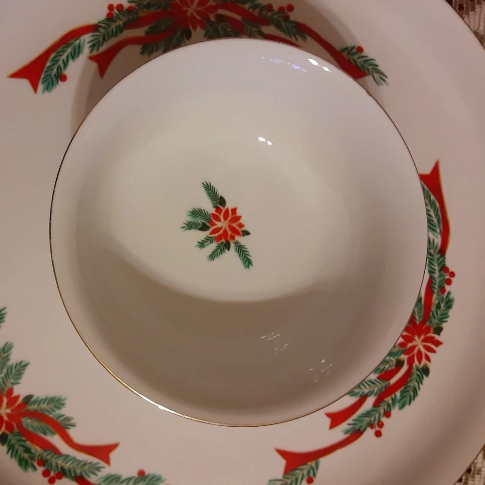 Poinsettia & Ribbons Fine China Chips & Dip Set